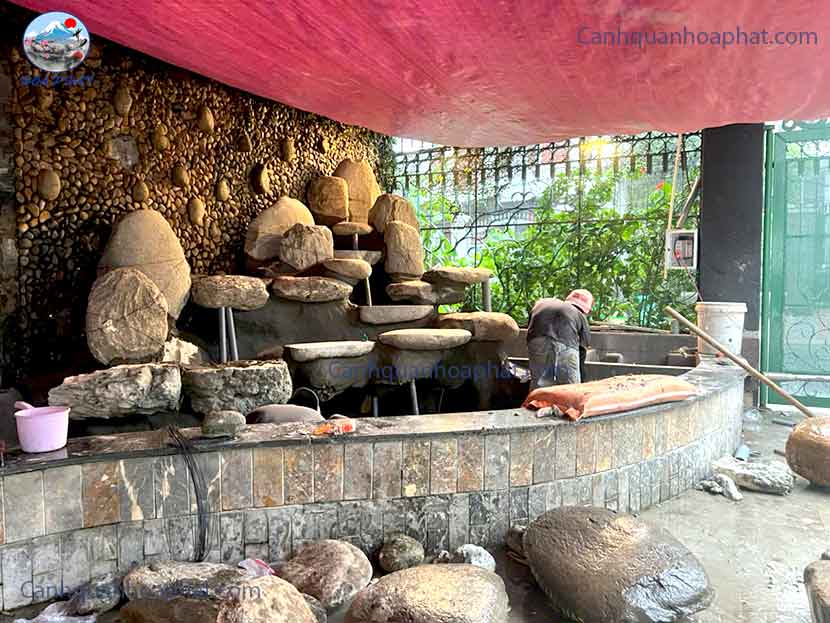 dựng khung phần thác nước non bộ 