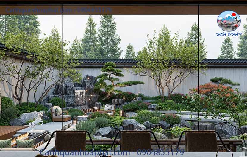 mẫu 3D hồ cá koi sân vườn hoà phát