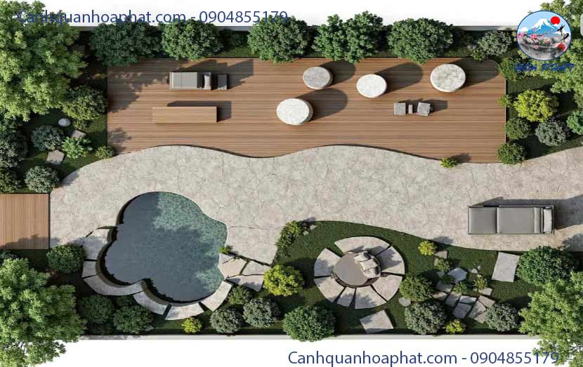 bản thiết kế 3D tiểu cảnh sân vườn hòa phát