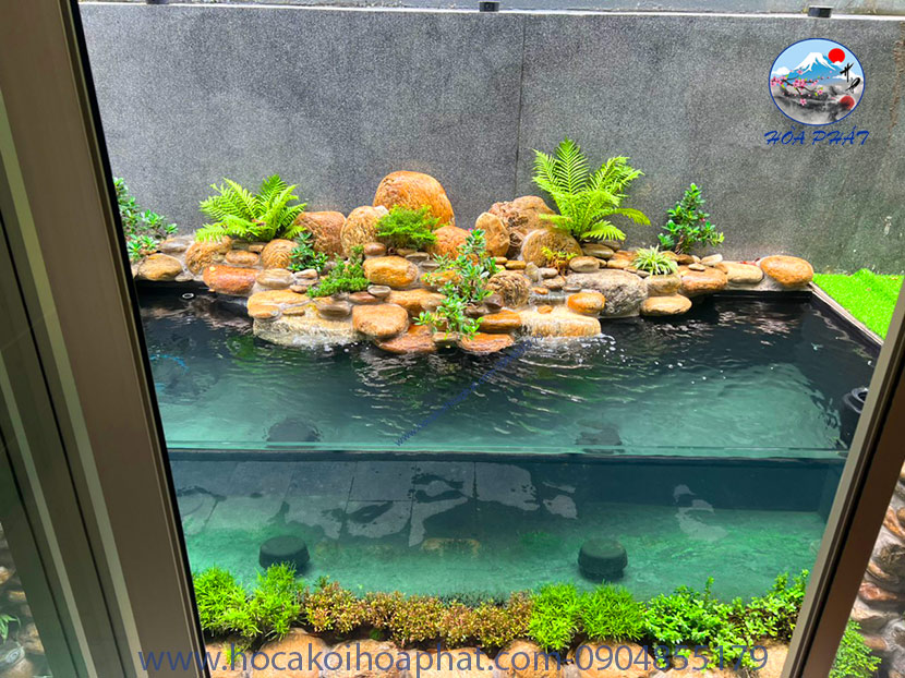 hồ cá koi bằng kính cường lực 3 mặt - cảnh quan hòa phát