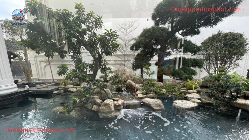 hoàn thành hồ cá koi non bộ vân mây cảnh quan hòa phát