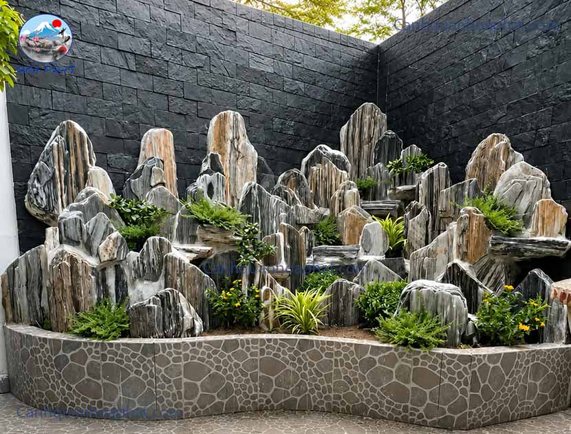 hoàn thành hòn non bộ khô bằng đá Tuyết sơn cảnh quan hòa phát