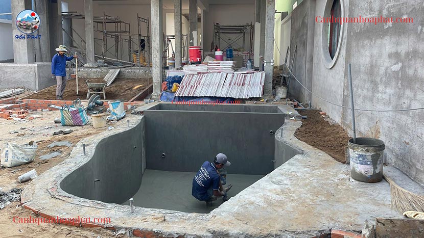 xây bệ đỡ thác nước