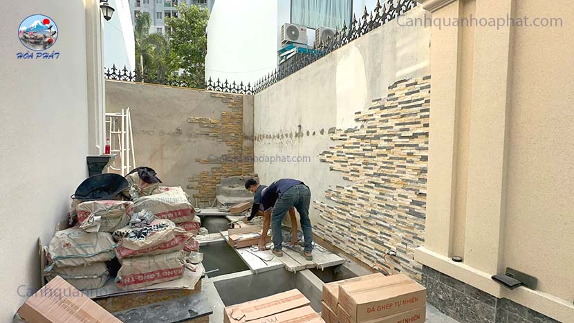 công đoạn ốp đá ghép tường cho công trình