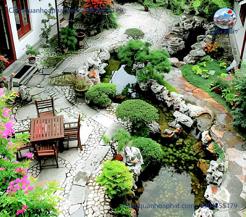 mẫu hồ cá koi ngoài trời ở giữa sân